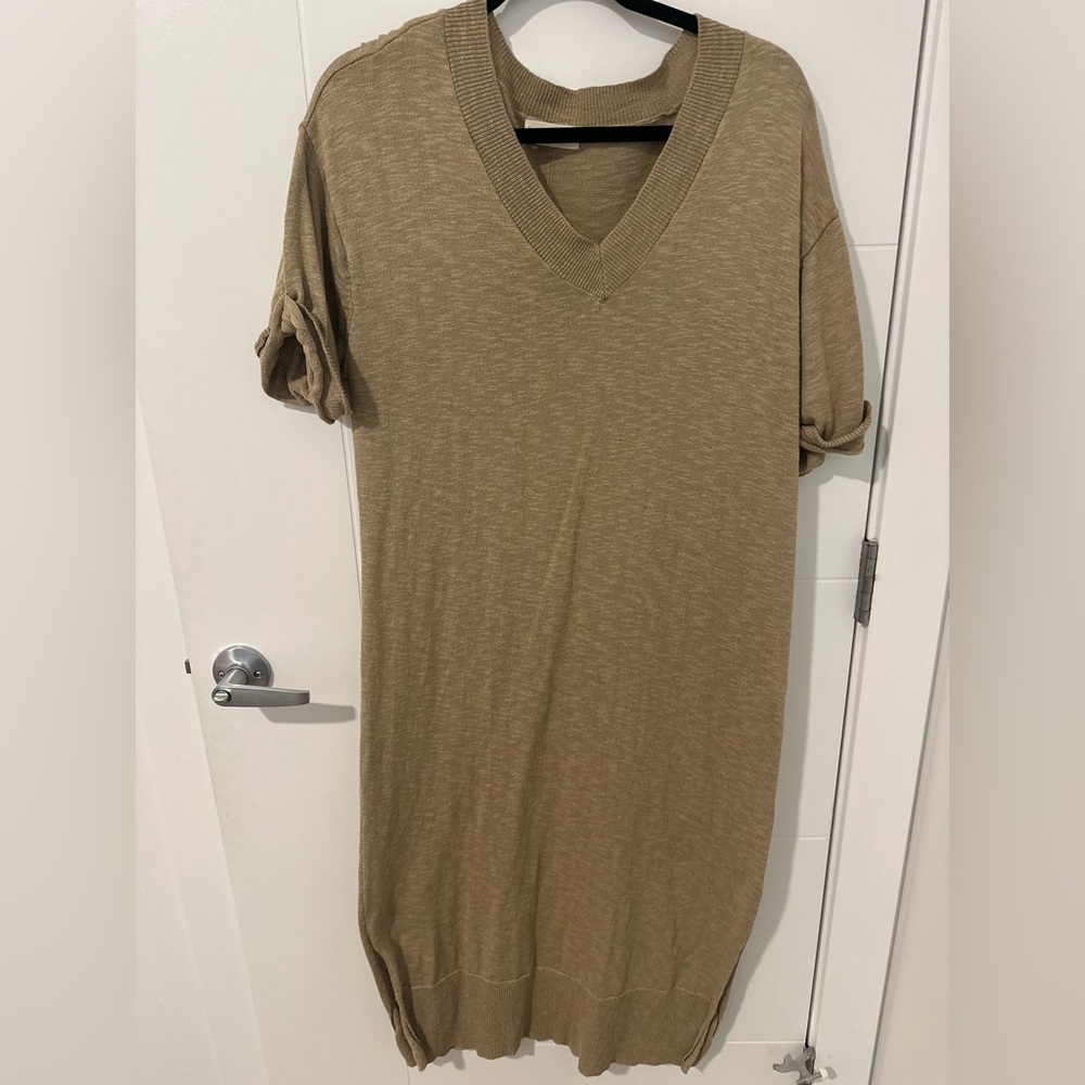 By Together Camel Sweater Dress Small Relaxed Fit V-Neck Knit Midi Maxi Boho